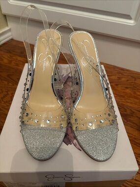 Jessica Simpson Silver Glitter Slingback Heels with Clear Embellished Straps